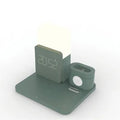 A dark green 3-in-1 wireless charging stand holding a phone, an Apple Watch, and a case for AirPods.
