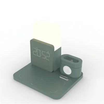 A dark green 3-in-1 wireless charging stand holding a phone, an Apple Watch, and a case for AirPods.
