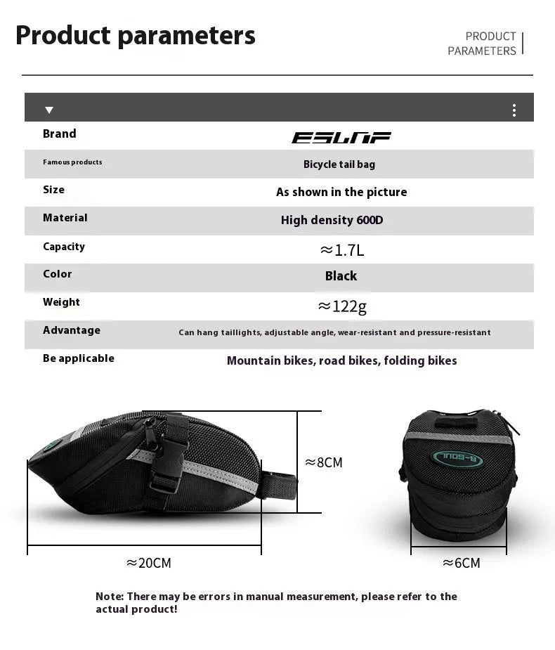 Black quick release bicycle saddle bag mounted under bike seat with tool capacity dimensions 20x8x6cm