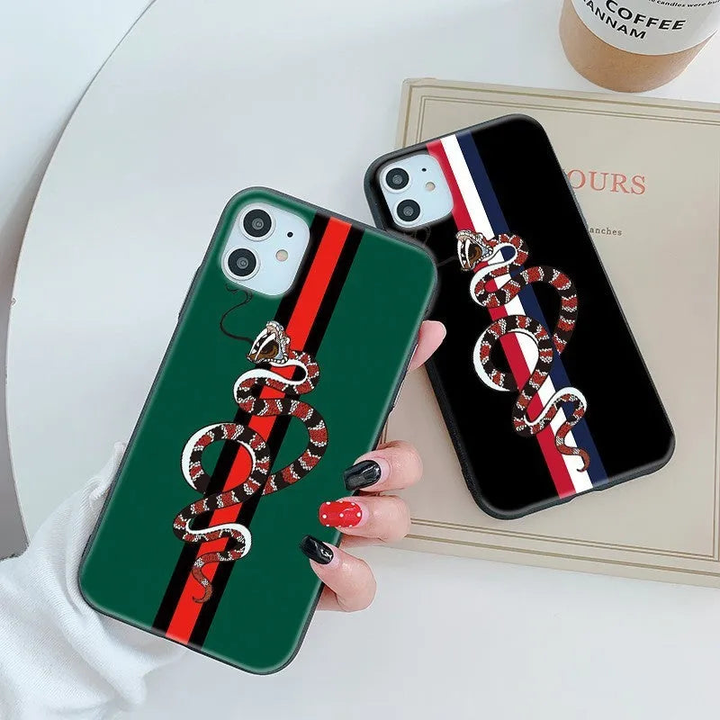 Black frosted silicone iPhone case featuring a cartoon snake design on the back.