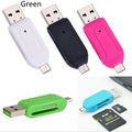 OTG dual-purpose card reader in black with micro USB plug and slots for SD and TF memory cards.