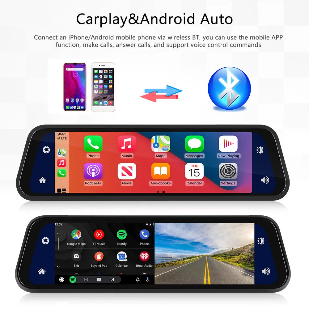 9.66-inch HD car dashcam and reversing camera system with mounting kit on a table