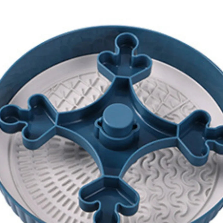 Colourful rotating pet slow feeder bowl with a silicone licking mat in a windmill design.