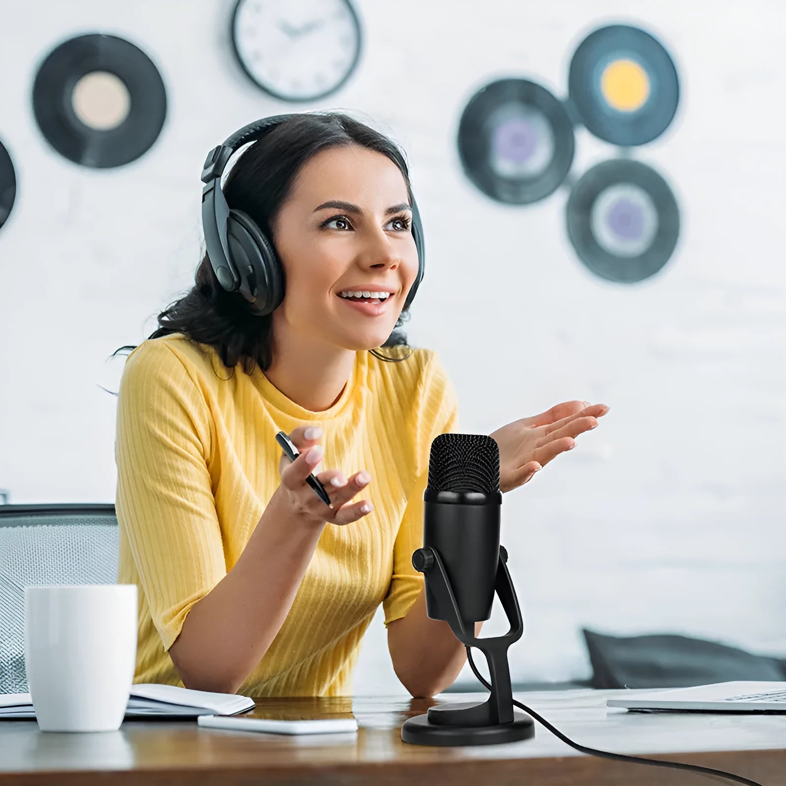 Black Boya BY-PM500 USB microphone with built-in sound card on a desk