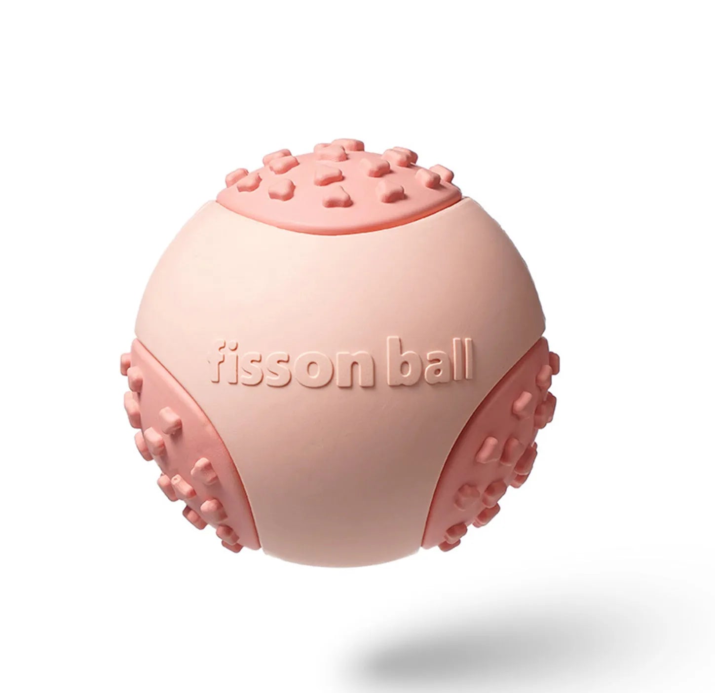 Green and pink durable rolling ball dog toy with a 64mm diameter on a plain background.