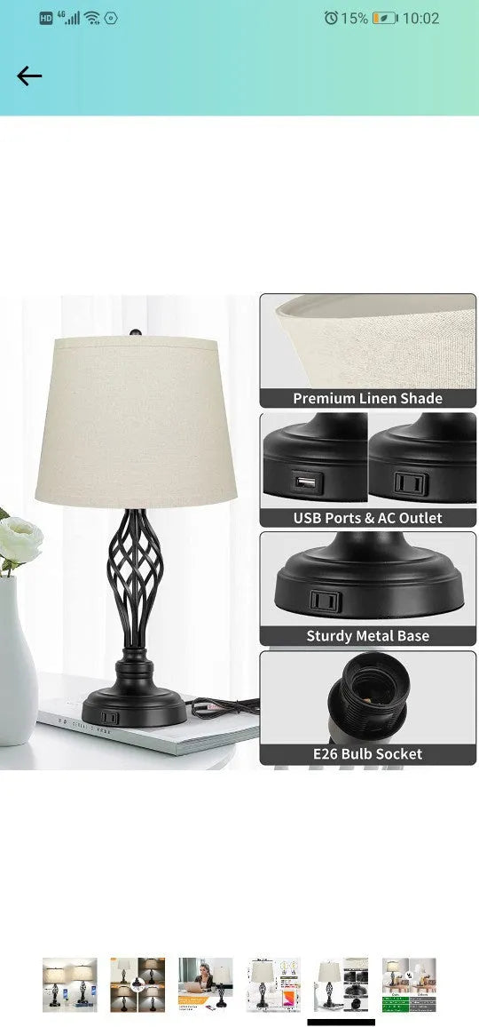European style alloy touch dimmable bedside table lamp with USB socket