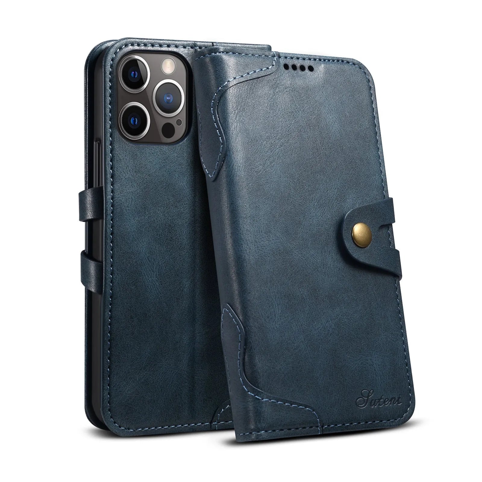 Flip leather wallet phone case for iPhone 13 in black with card slots open