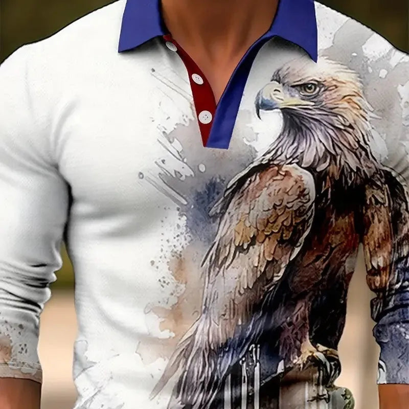 Men's loose fit long sleeve polo shirt with design buttons on placket