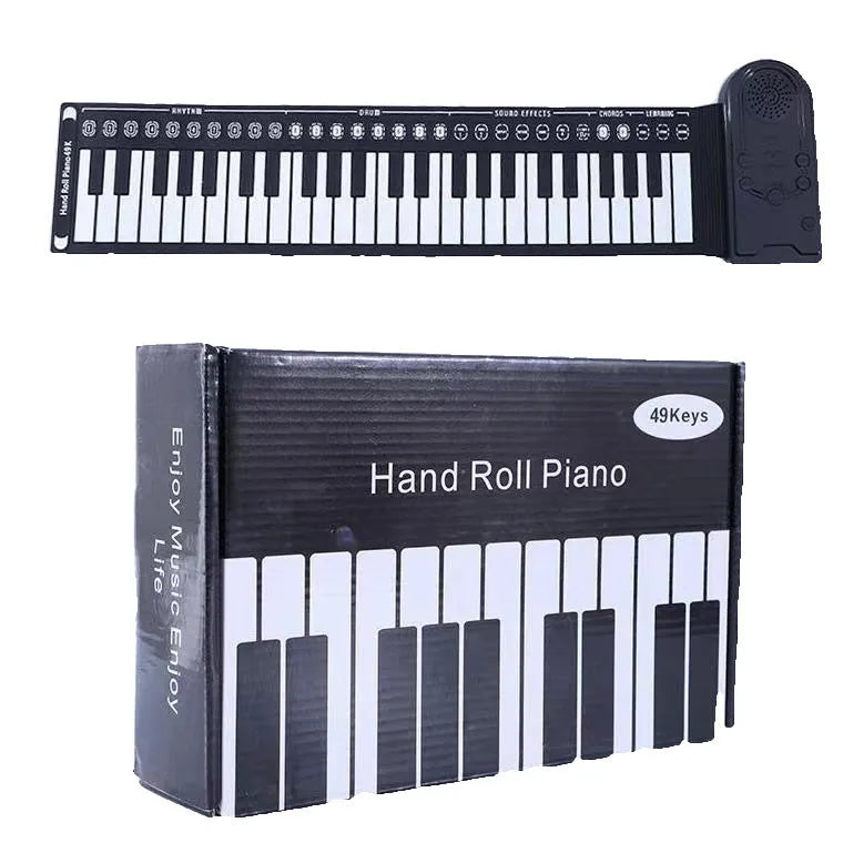 Pearlescent white roll-up silicone electronic keyboard next to its compact 28cm carrying case