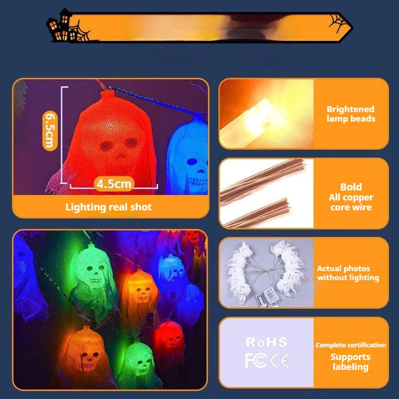 Battery-powered Halloween string lights with multi-coloured LED bulbs on a black wire.