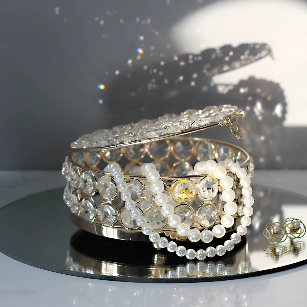 European-style French gold iron jewelry box with a transparent crystal glass lid.