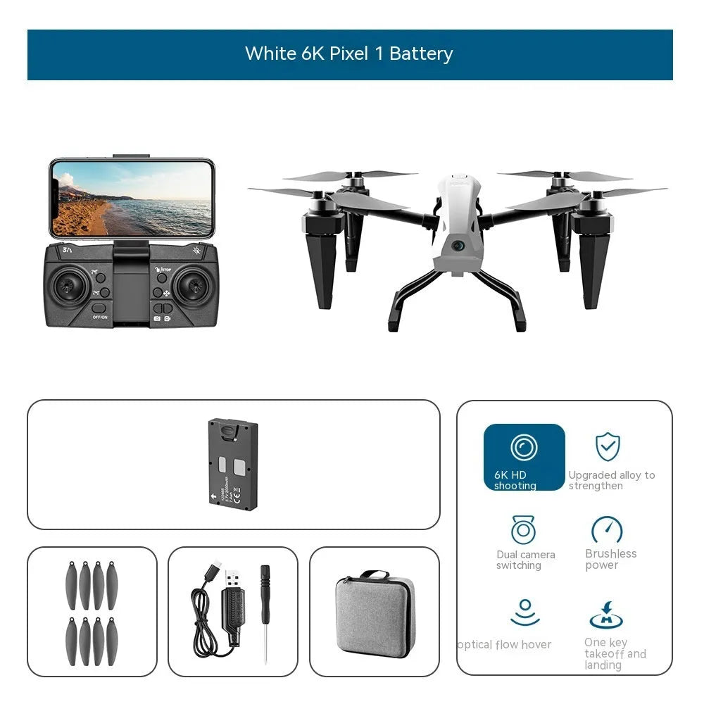 White KS66 alloy UAV drone with camera and propellers, remote control, and accessories on a neutral background