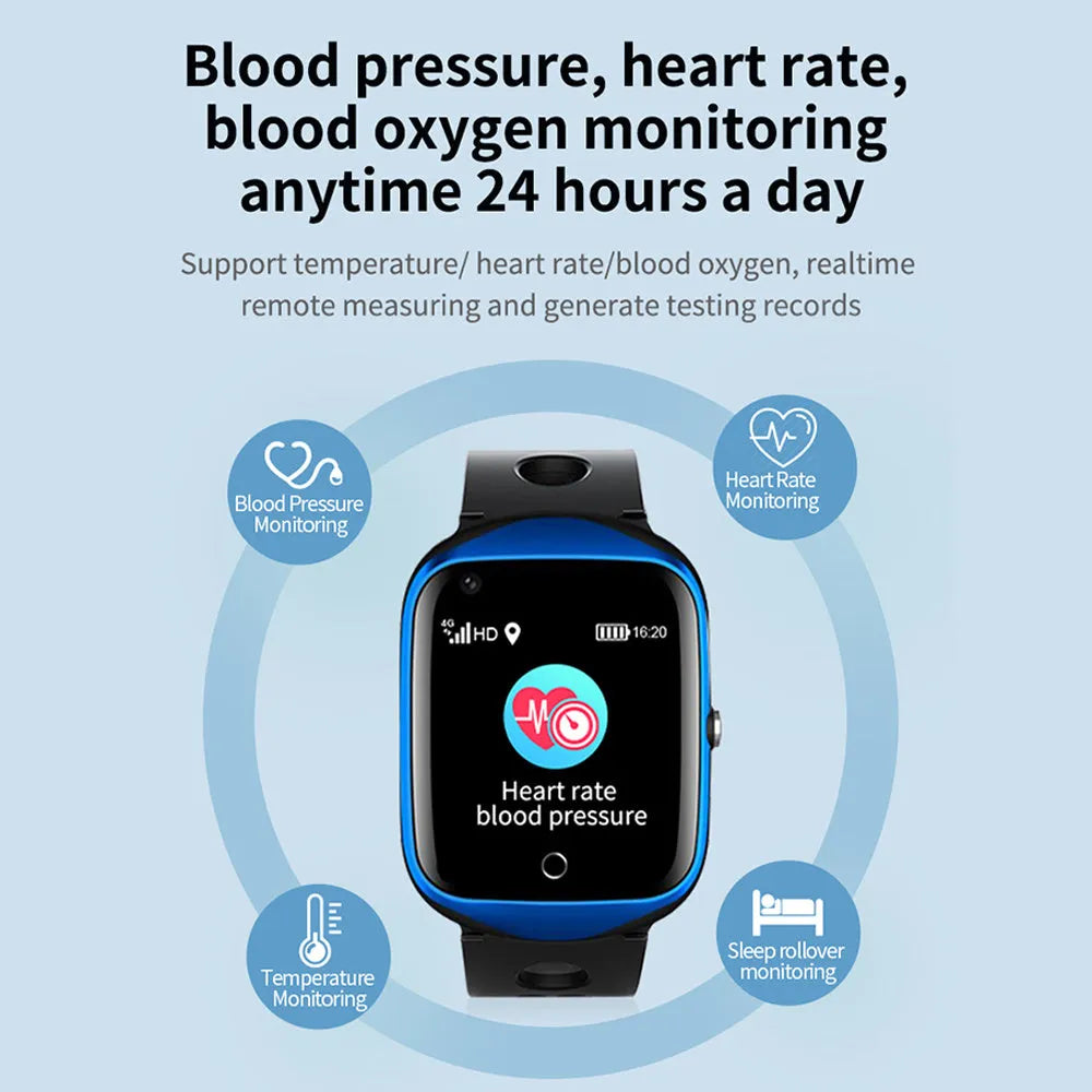 Black intelligent positioning phone watch for the elderly with a square screen and silicone strap on a wrist.