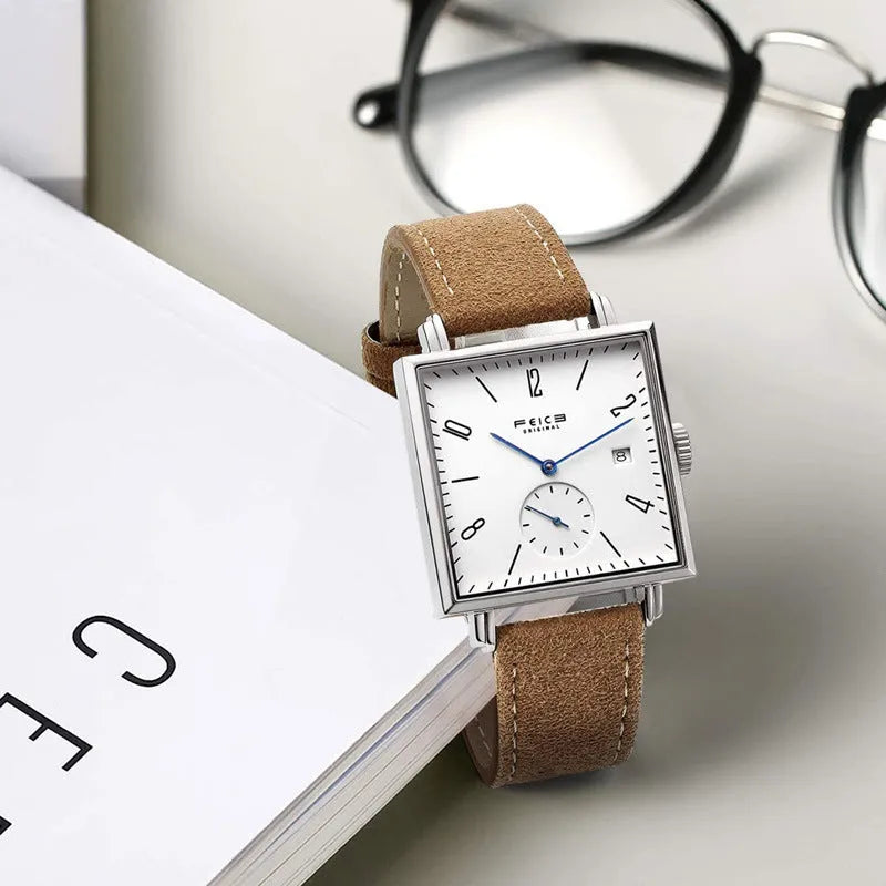 Square automatic mechanical watch with sapphire mirror, brown dial, hollow design showing gears