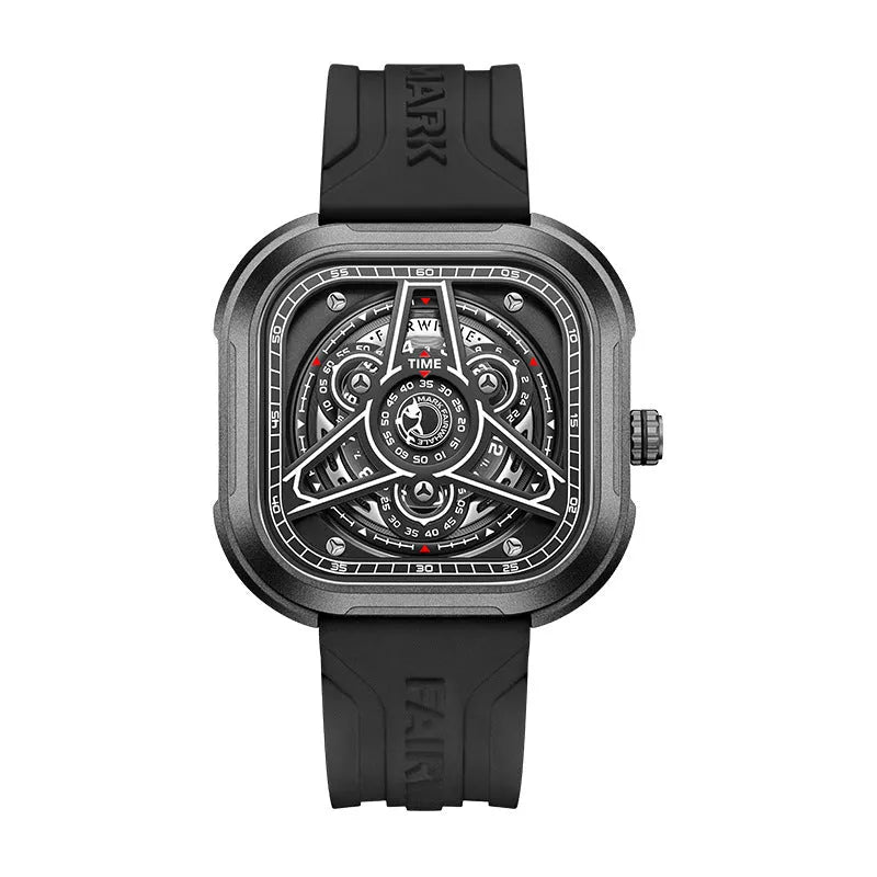 Men's waterproof luminous quartz watch with 44x44mm metal case and silicone strap in black