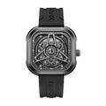 Men's waterproof luminous quartz watch with 44x44mm metal case and silicone strap in black