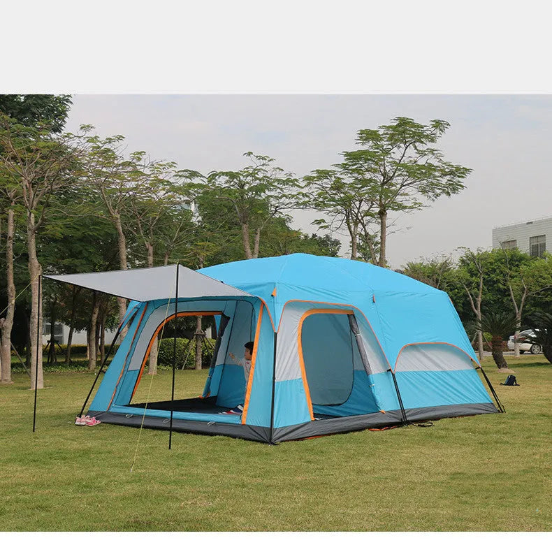 Multi-person double-layer steel pole camping tent 430x305x210cm dark green for 4-6 people