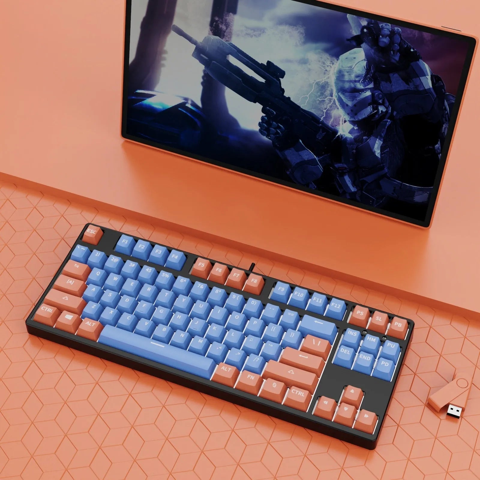 87-key wired mechanical keyboard with two-tone keycaps, shown with switch puller and cleaning brush