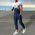 Men's thin short-sleeve printed pullover and matching trousers tracksuit set on a hanger.