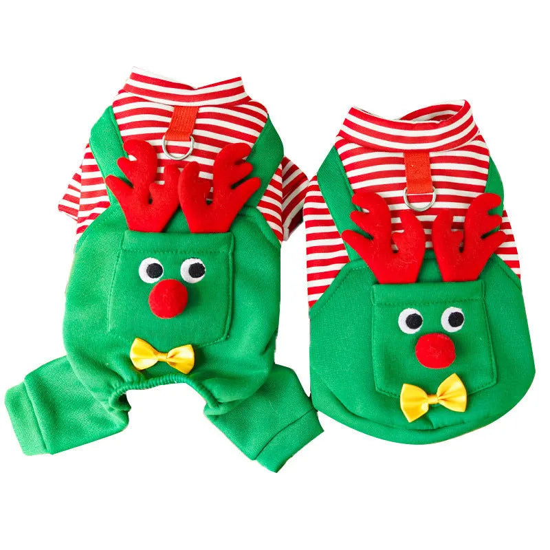 Christmas elk print polyester pet clothing, vest and four feet styles, sizes XS to 2XL