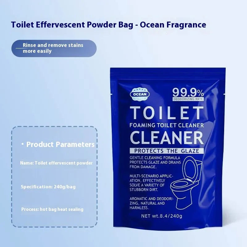 Toilet descaling bubble powder in blue or pink fragrance, 240g bag or box of 5 sachets.