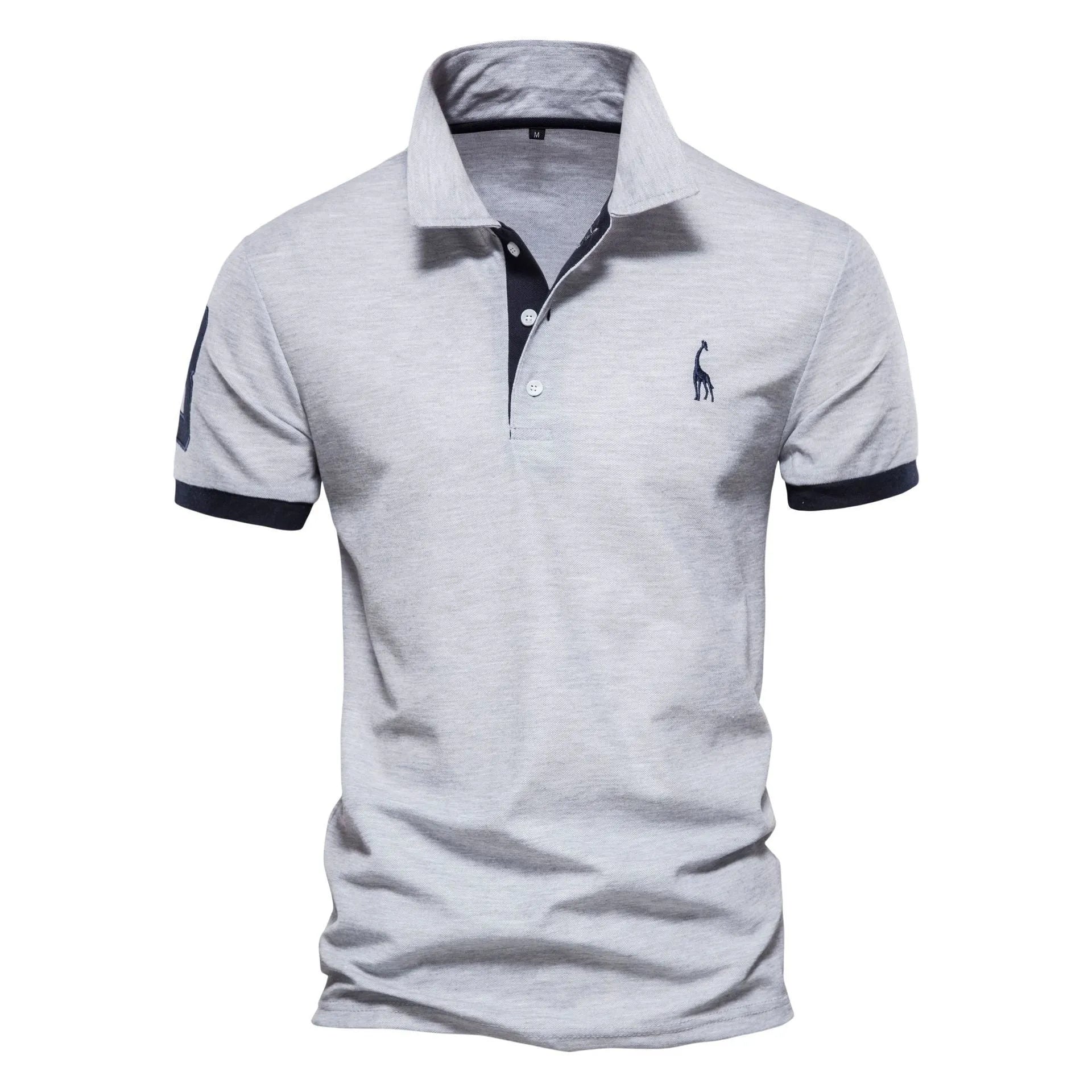 Men's slim fit embroidered short sleeve T-shirt in a cotton blend fabric on a hanger.