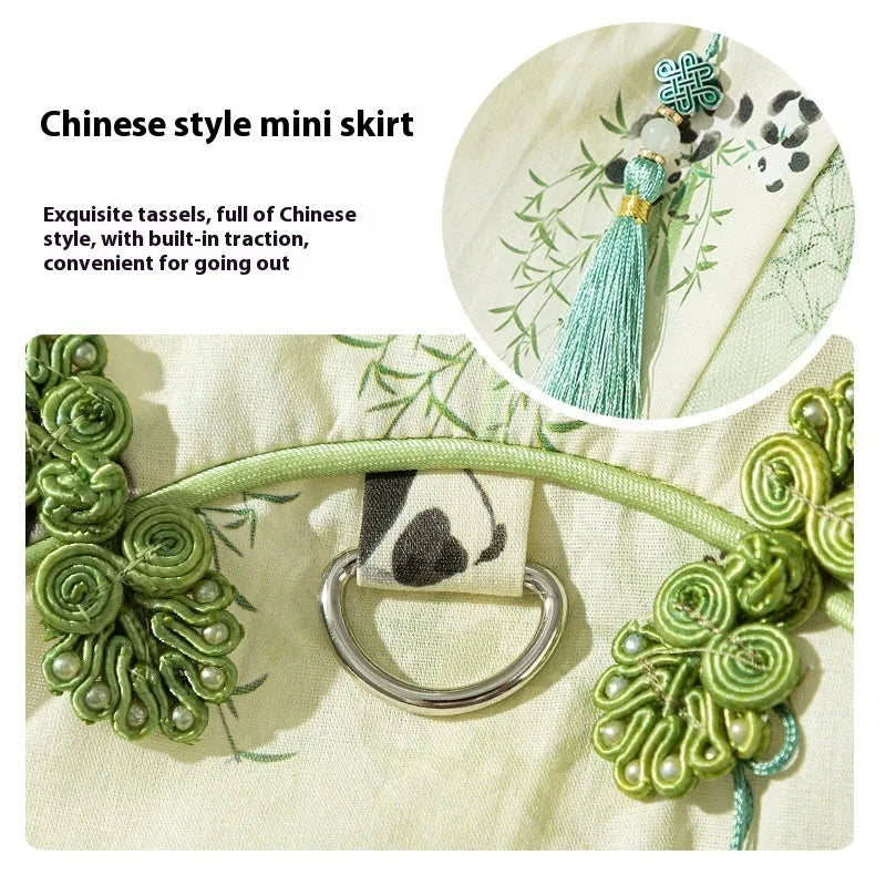 Chinese style panda bamboo leaf woven fabric cat skirt on a cat, buckle vest design