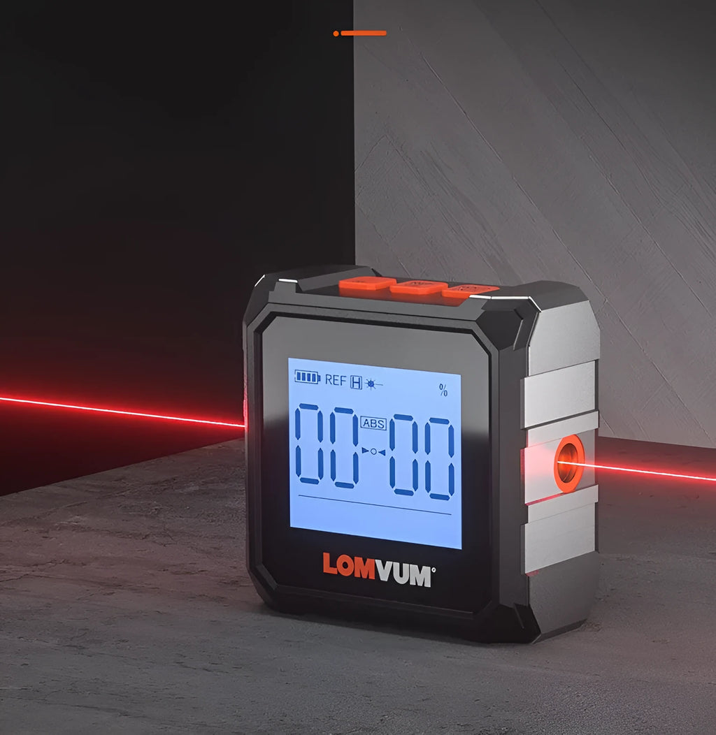 Longyun digital laser inclinometer with alloy casing and backlit display on a wooden workbench.