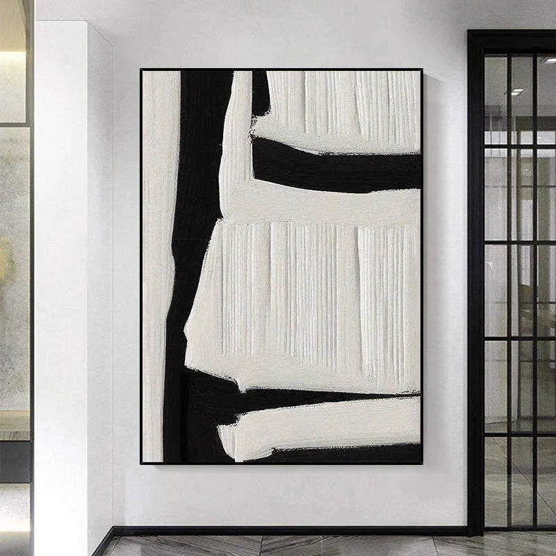 Large black white beige abstract handmade oil painting on canvas, vertical one-panel modern wall art without frame