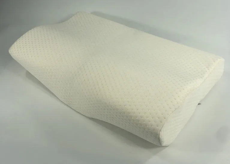 Blue butterfly-shaped cervical memory foam pillow showing contour design for neck support