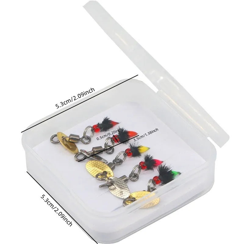 Five bionic poisonous mosquito fishing hooks with spinning sequins in multicolour patterns