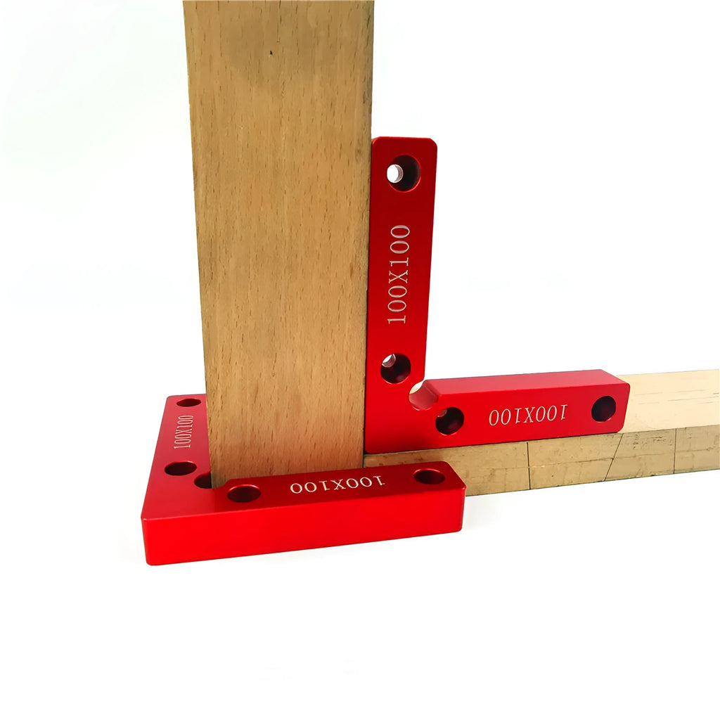 Machined aluminium right angle block with scale for woodworking jigsaw fixturing.