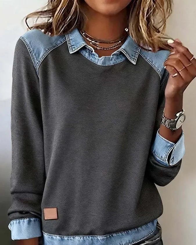 Denim collar long sleeve pullover patchwork knitwear top in solid colour street fashion style, polyester fibre, multiple colour options