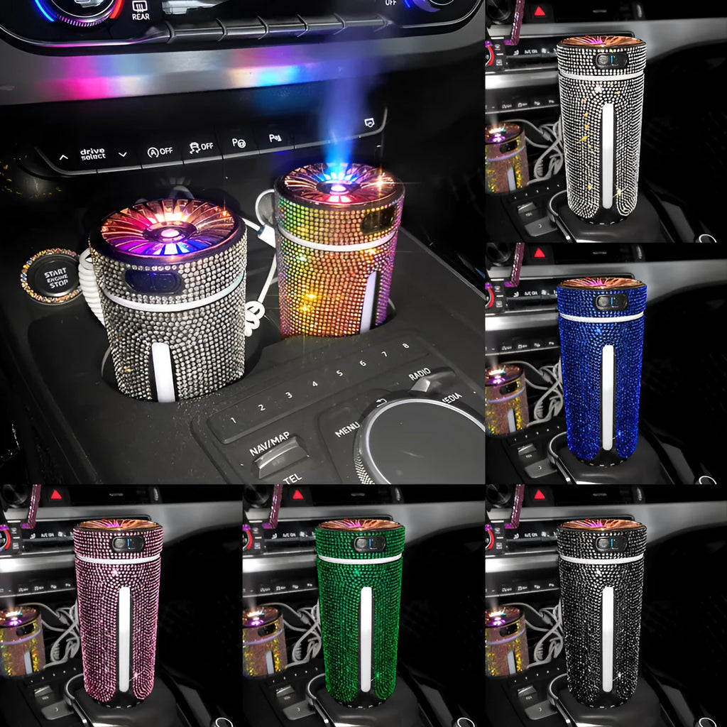 Luxury diamond rhinestone car humidifier with LED light, USB powered, 15x7x7cm, multi-colour options