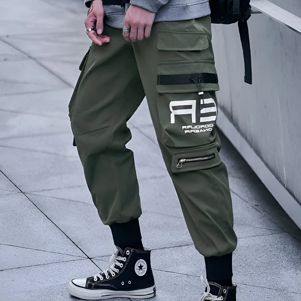 Men's 100% polyester cargo trousers in Army Green with side pockets and drawstring waist