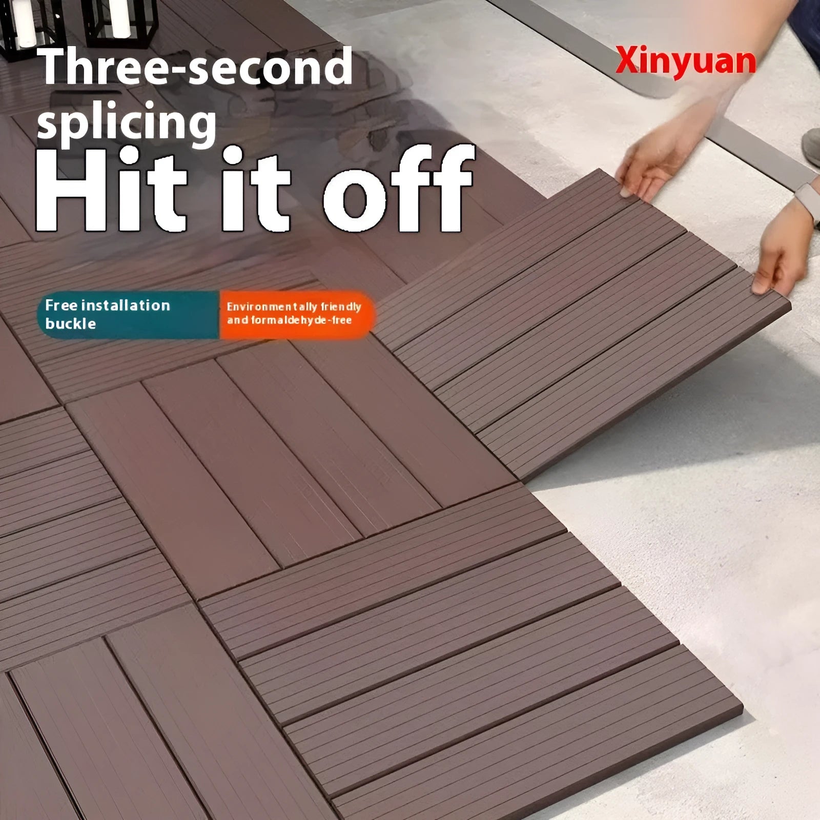 Plastic interlocking floor tile with wood grain finish and non-slip surface, 300mm x 300mm size