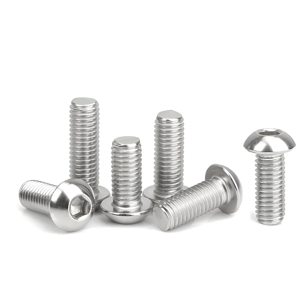Stainless steel half round head pan head hexagon screw with whitewash finish on a grey background.