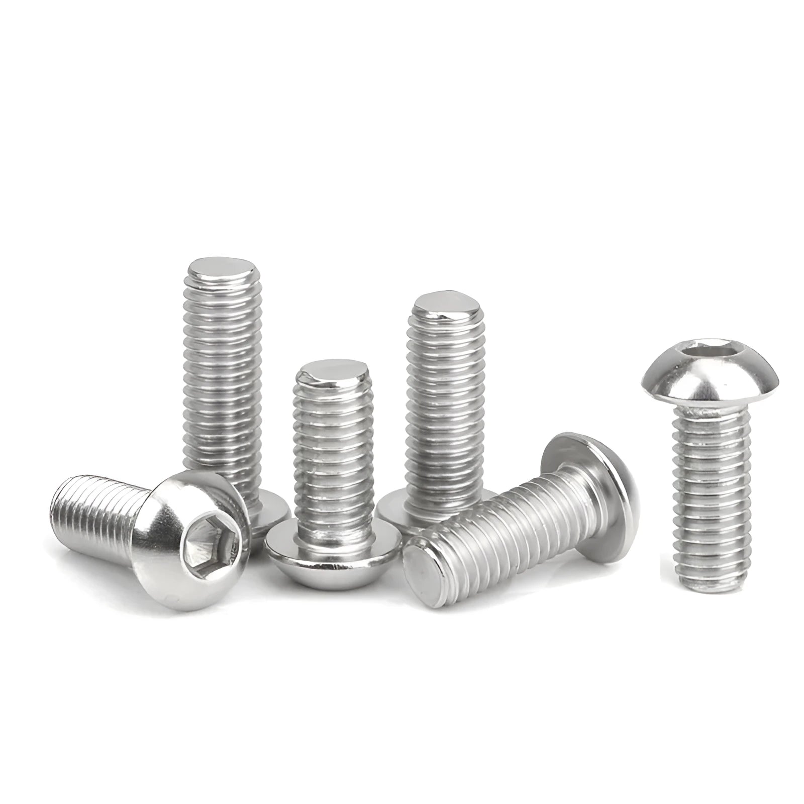Stainless steel half round head pan head hexagon screw with whitewash finish on a grey background.