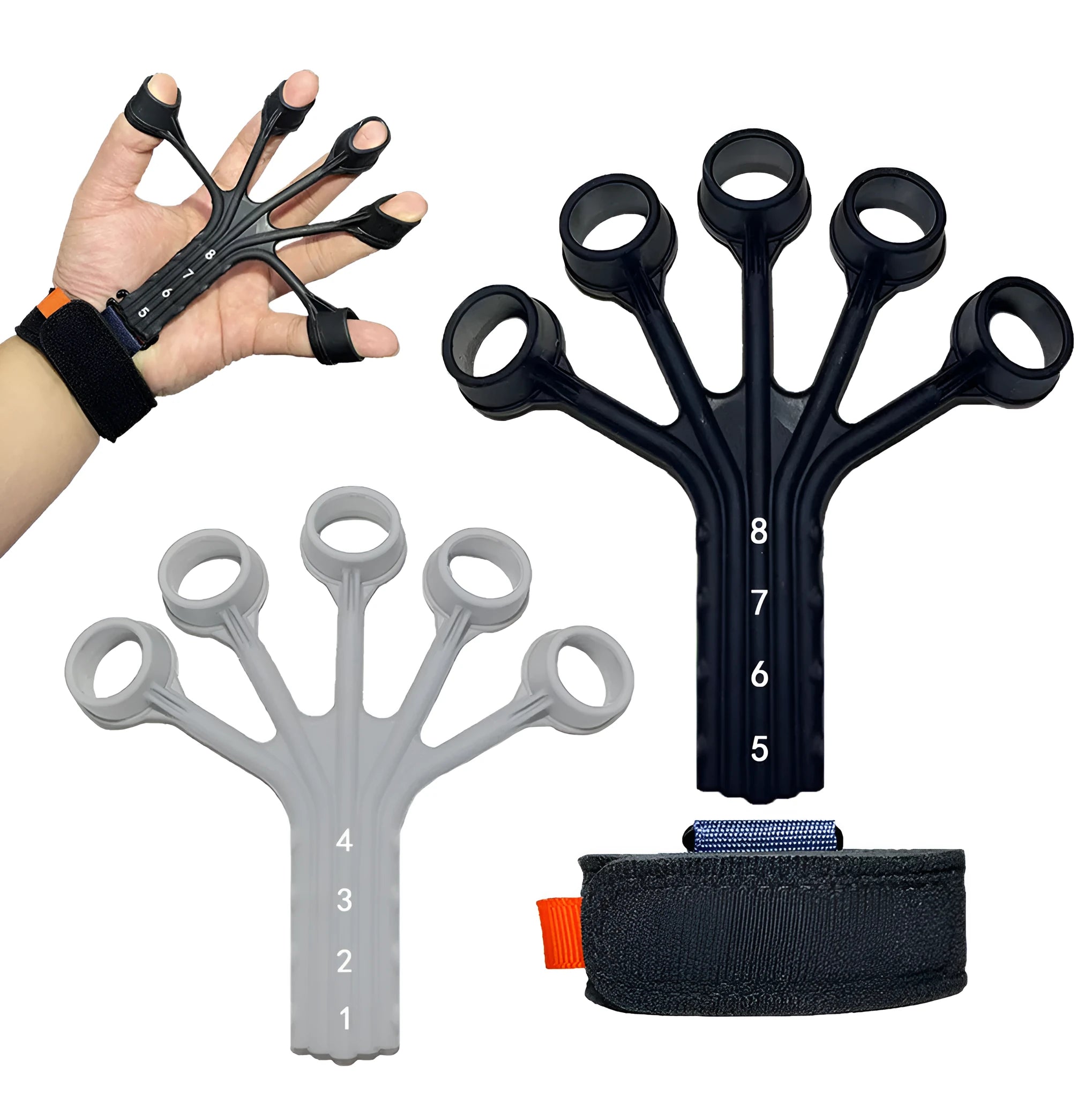 Silicone finger flexion and extension trainer with adjustable bands for rehabilitation and abdominal tensioning