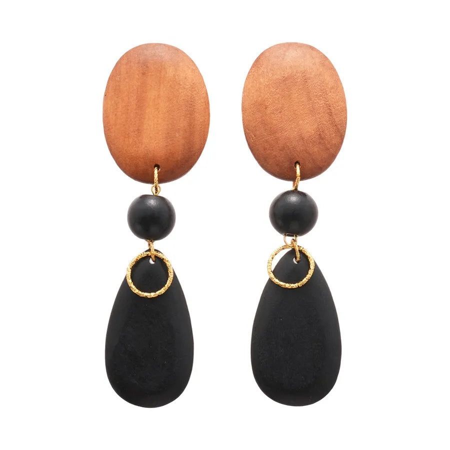 Wooden retro fashion earrings with ellipse shape in brown-black colour European American style