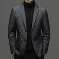Men's black lapel cardigan-style down jacket with side seam pockets.