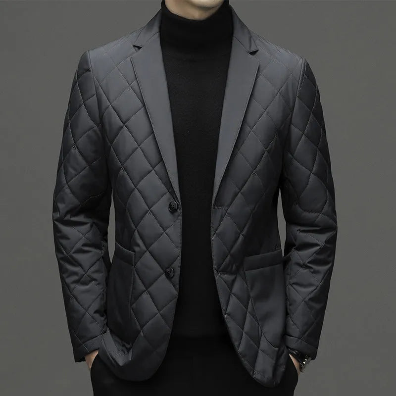 Men's black lapel cardigan-style down jacket with side seam pockets.
