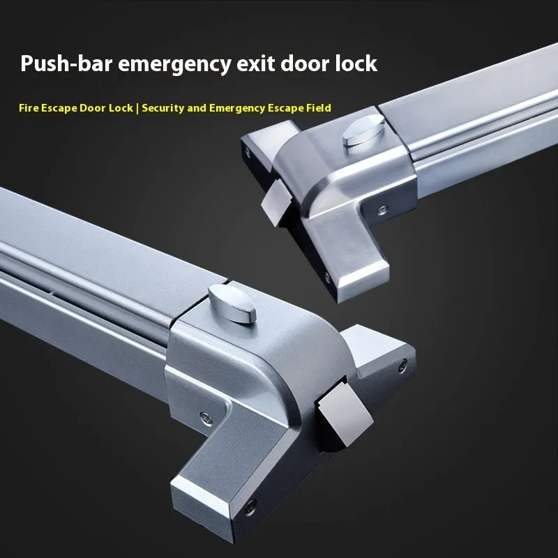 Stainless steel fire safety push lock with external handle for a 65cm door.