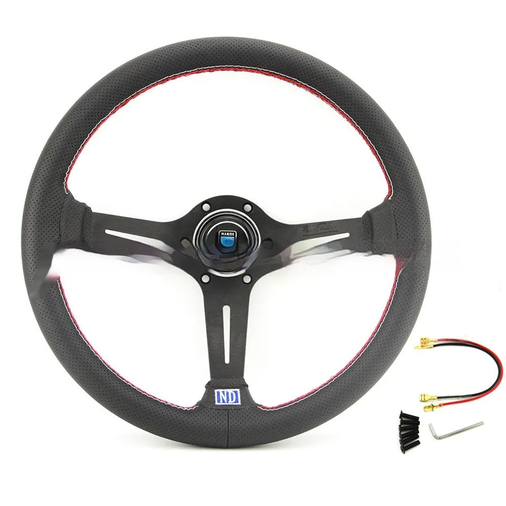 Leather 14-inch steering wheel with a concave rim profile and three-spoke design on a black background.