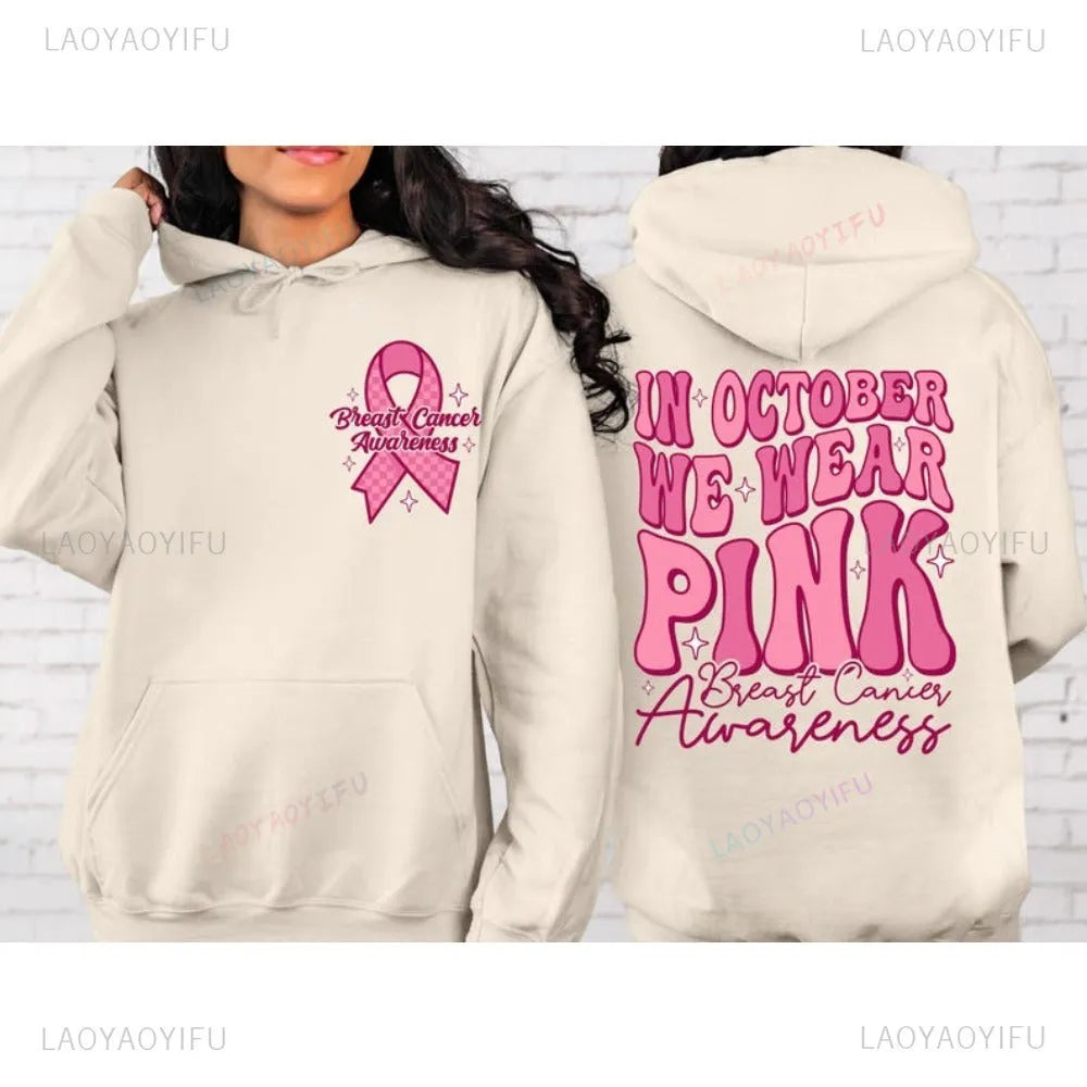 Pink Breast Cancer Awareness hoodie with retro design and side pocket