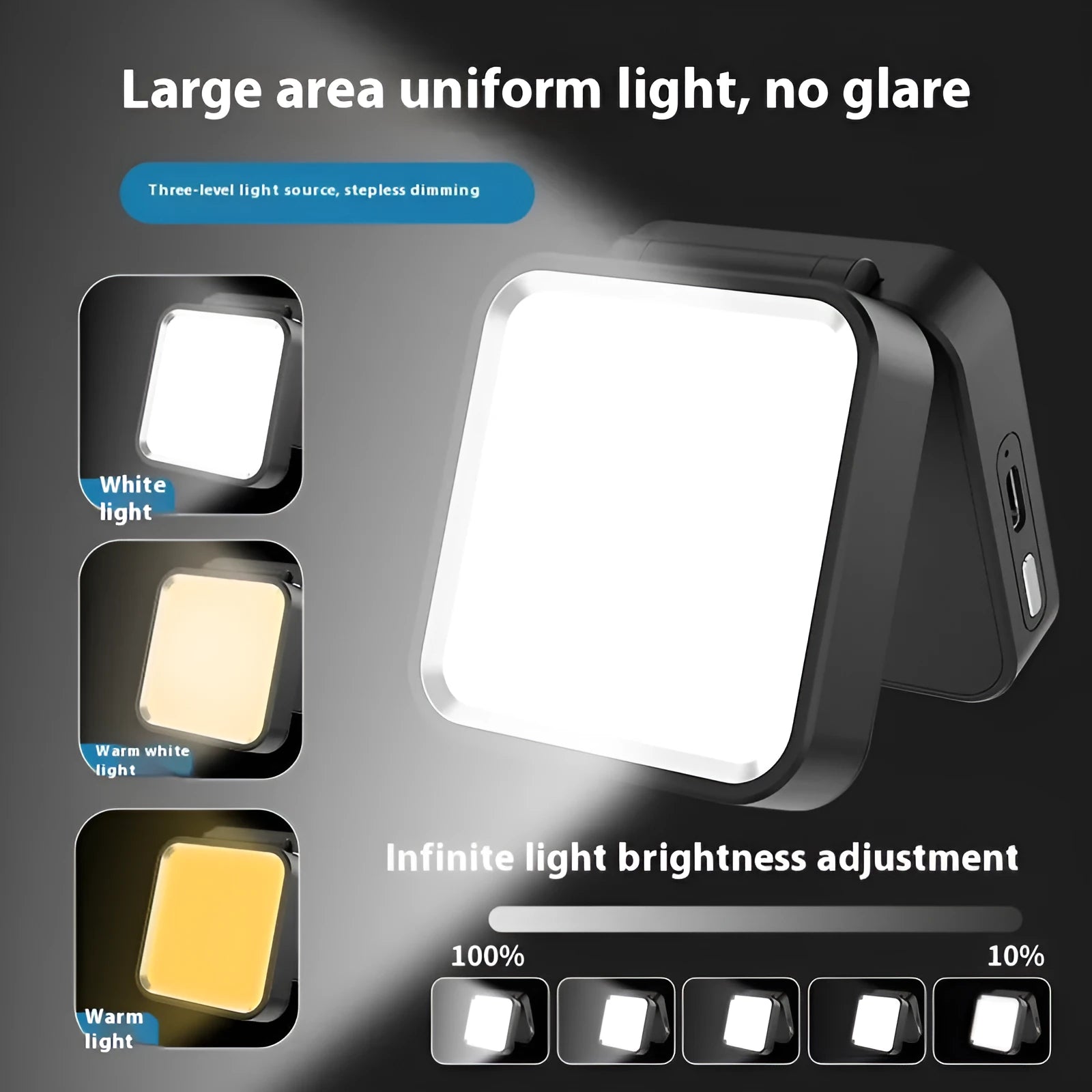 Clip-on LED camping lantern in black, clipped onto a bag, with rechargeable light for night use