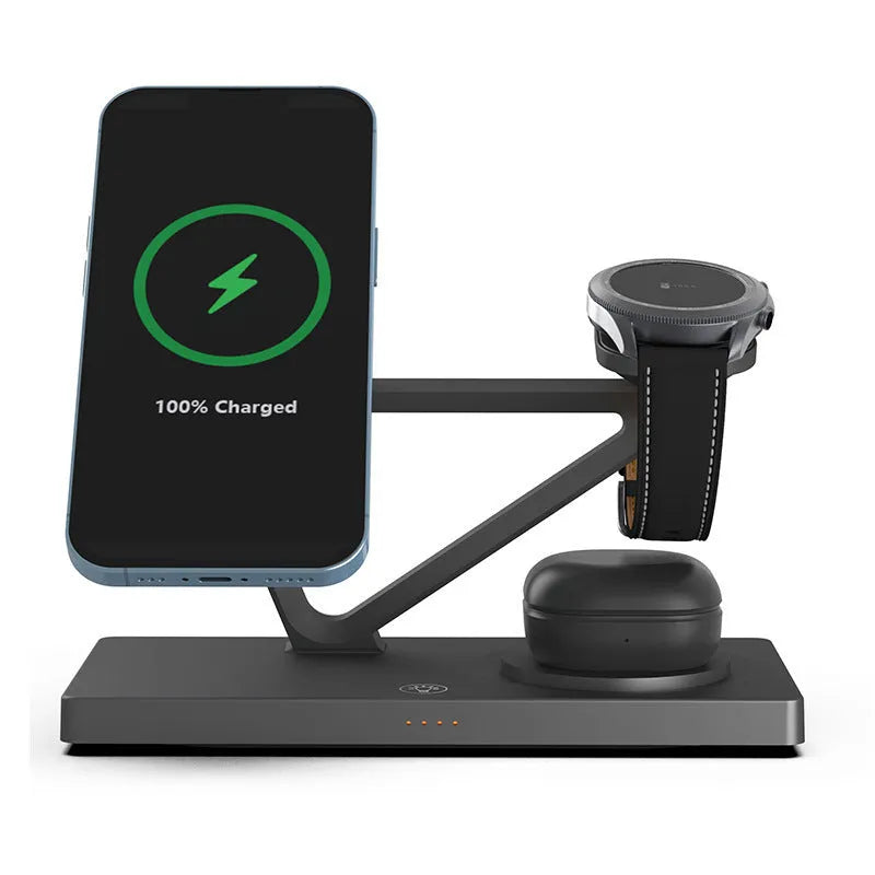 Small black and white wireless charging night lamp with multiple charging stations for phones, watches, and headphones