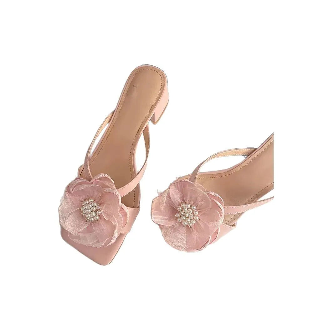 Women's chunky heel sandals with square toe and one-strap design in satin material