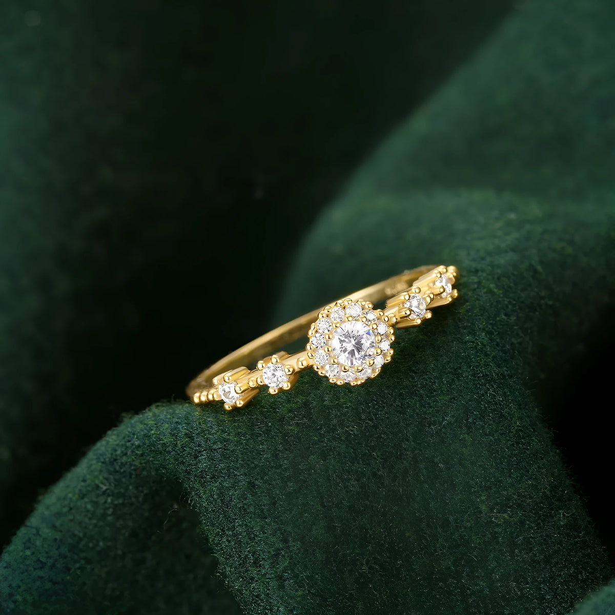 925 silver women's ring with gold electroplated finish, flower rhinestone detailing and geometric shape