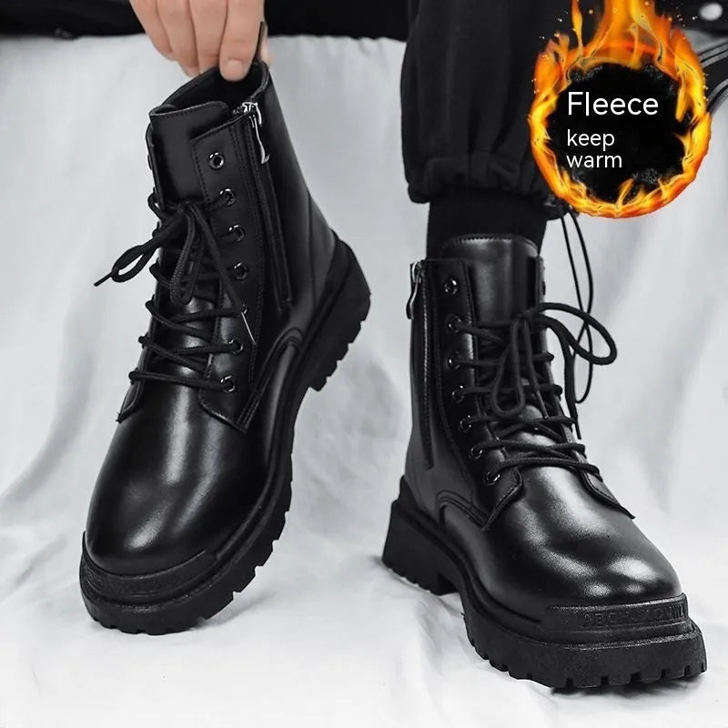 Men's black mid-top leather-look Tide British boots with a flat style and rubber sole.